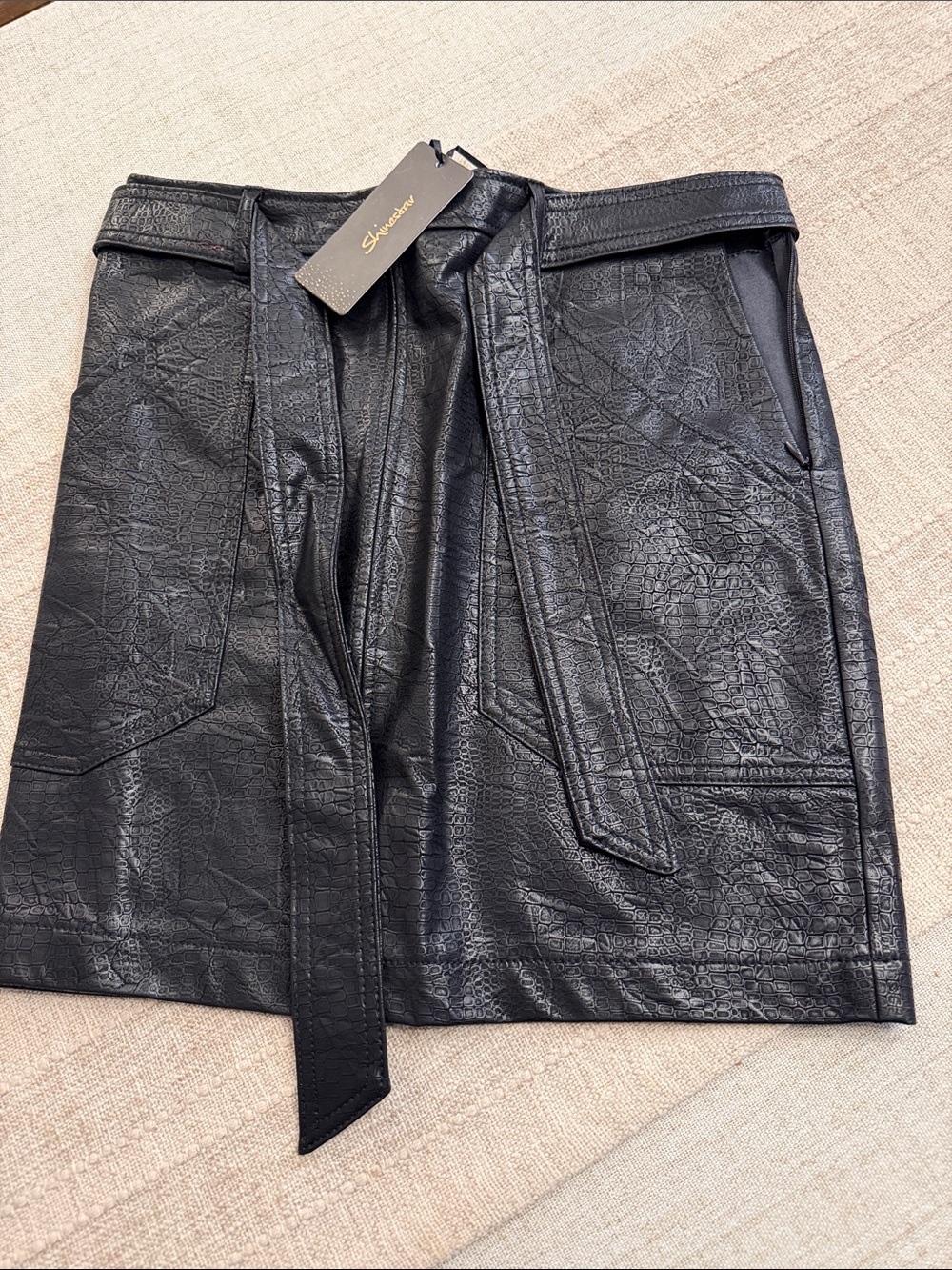 Shinestar Black Croc-Embossed Faux Leather Mini Skirt with Tie Belt